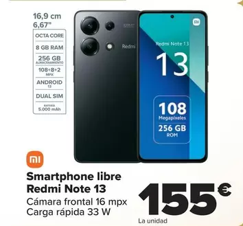 Oferta de Xiaomi - Smartphone Libre Redmi Note 13 por 155€ en Carrefour