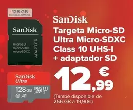 Oferta de Sandisk - Tarjeta Micro Sd Ultra Micro Sdxc Class 10 Uhs-i + Adaptador Sd por 12,99€ en Carrefour