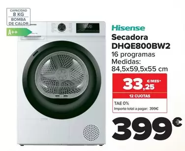 Oferta de Hisense - Secadora DHQE800BW2 por 399€ en Carrefour