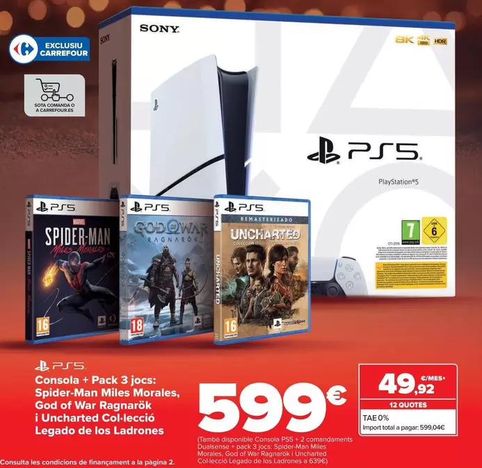 Oferta de Sony - Consola + Pack 3 Juegos: Spider-Man Miles Morales, God Of Ware Ragnarok Y Uncharted Coleccion Legado De Los Ladrones por 599€ en Carrefour