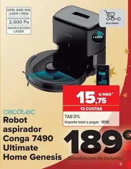 Oferta de Cecotec - Robot Aspirador Conga 7490 Ultimate Home Genesis por 189€ en Carrefour