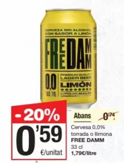 Oferta de Free Damm - Cervesa 0,0% Torrada O Llimona por 0,59€ en SPAR Fragadis