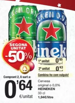 Oferta de Heineken - Cervesa Original O 0,0% por 0,85€ en SPAR Fragadis