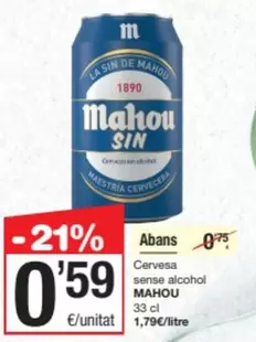 Oferta de Mahou - Cervesa Sense Alcohol por 0,59€ en SPAR Fragadis