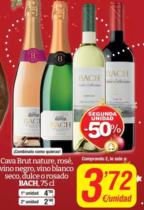 Oferta de Bach - Cava Brut Nature, Rosé, Vino Negro, Vino Blanco Seco, Dulce O Rosado por 4,95€ en SPAR Fragadis