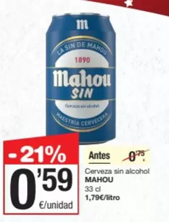 Oferta de Mahou - Cerveza Sin Alcohol por 0,59€ en SPAR Fragadis