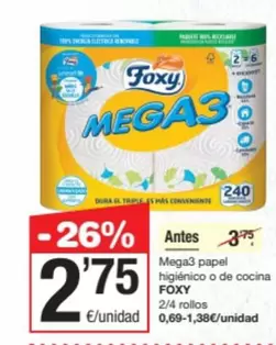 Oferta de Foxy - Mega 3 Papel Higienico O De Cocina por 2,75€ en SPAR Fragadis