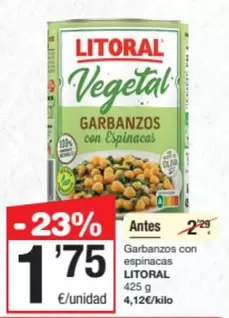 Oferta de Litoral - Garbanzos Con Espinacas por 1,75€ en SPAR Fragadis