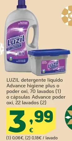 Oferta de Luzil - Detergente Líquido Advance Higiene Plus O Poder Oxi , 70 Lavados O Capsulas Advance Poder Oxi , 22 Lavados por 3,99€ en HiperDino