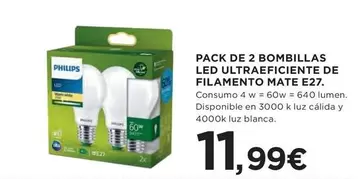 Oferta de Philips - Pack De 2 Bombillas Led Ultraeficiente De Filamento Mate E27 por 11,99€ en Hipercor