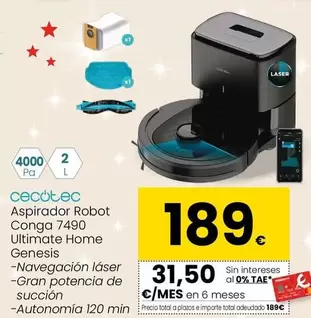 Oferta de Cecotec - Aspirador Robot Conga 7490 Ultimate Home Genesis por 189€ en Eroski