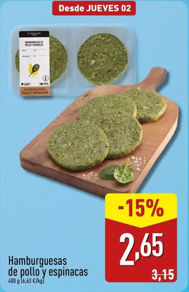 Oferta de Hamburguesas De Pollo Y Espinacas por 2,65€ en ALDI