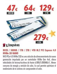 Oferta de Kingston - Nv3s/500gb/ 1tb/ 2tb/ 2tb/ 4tb M.2 Pci Express 4.0 Nv3 por 279€ en Zbitt