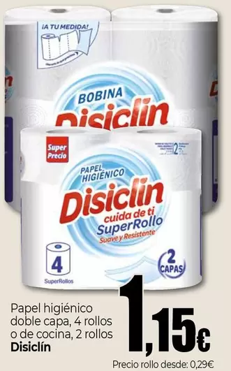 Oferta de Disiclin - Papel Higiénico Doble Capa, 4 Rollos O De Cocina, 2 Rollos por 1,15€ en Unide Market