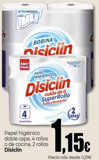 Oferta de Disiclin - Papel Higiénico Doble Capa, 4 Rollos O De Cocina, 2 Rollos por 1,15€ en Unide Supermercados