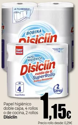 Oferta de Disiclin - Papel Higiénico Doble Capa, 4 Rollos O De Cocina, 2 Rollos por 1,15€ en UDACO