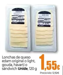 Oferta de Unide - Lonchas De Queso Edam Original O Light, Gouda, Havarti O Sandwich por 1,55€ en UDACO