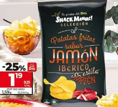 Oferta de Dia Snack Maniac - Patatas Fritas Estilo Sartén Sabor Jamón Ibérico por 1,19€ en Dia