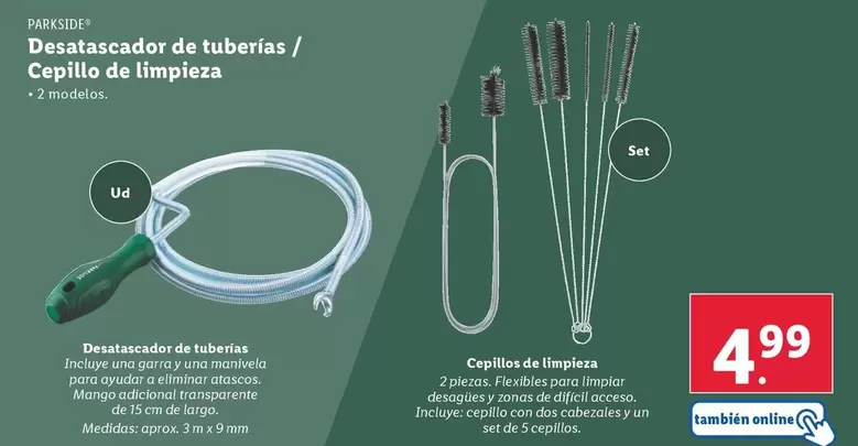 Oferta de Parkside - Desatascador De Tuberías / Cepillo De Limpieza por 4,99€ en Lidl