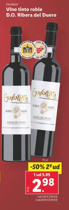 Oferta de Garabato - Vino Tinto Roble D.O. Ribera Del Duero  por 5,95€ en Lidl