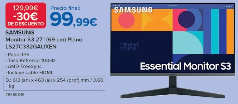 Oferta de Samsung - Monitor S3 27" (69 Cm) Plano Ls27c3323gauxen) por 99,99€ en Costco