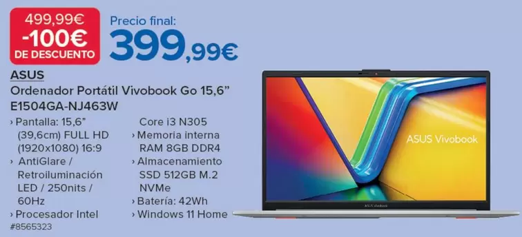 Oferta de Asus - Ordenador Portátil Vivobook Go 15,6" E1504ga por 399,99€ en Costco