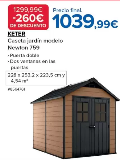 Oferta de Keter - caseta jardín modelo Newton 759 por 1039,99€ en Costco