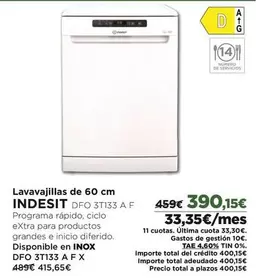 Oferta de Indesit - Lavavajillas De 60 Cm por 390,15€ en El Corte Inglés