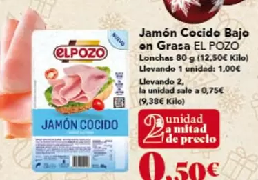 Oferta de El Pozo - Jamón Cocido Bajo On Grasa por 0,5€ en Gadis