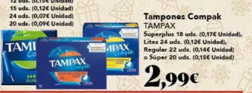 Oferta de Tampax - Tampones Compak por 2,99€ en Gadis