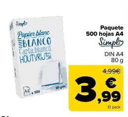 Oferta de Simply - Paquete 500 Hojas A4 por 3,99€ en Carrefour