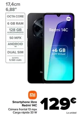 Oferta de Xiaomi - Smartphone Libre Redmi 14C por 129€ en Carrefour