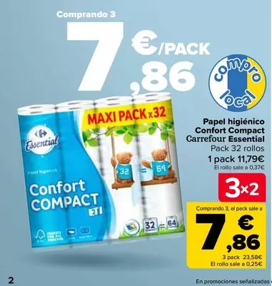 Oferta de Carrefour - Papel Higiénico Doble Rollo Confort Compact Essential en Carrefour