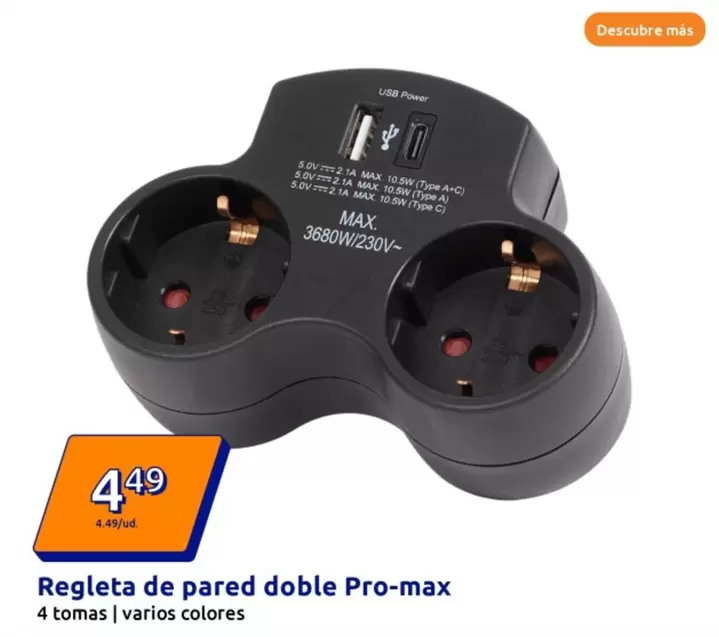 Oferta de Regleta De Pared Doble Pro-Max por 4,49€ en Action