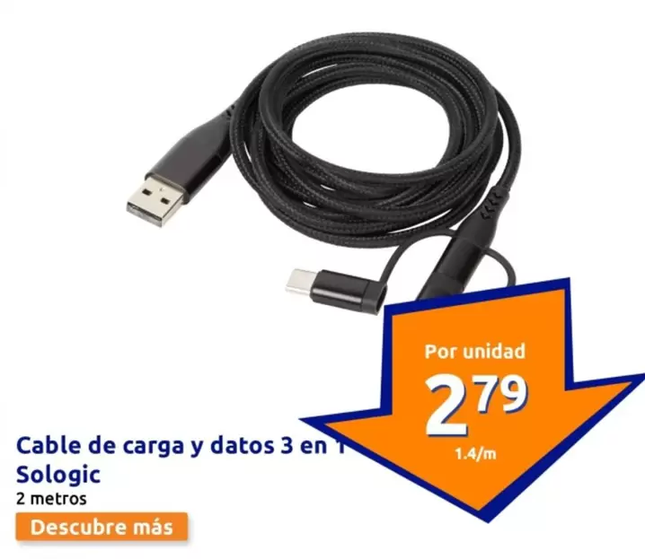 Oferta de Sologic - Cable De Carga Y Datos 3 En 1 por 2,79€ en Action