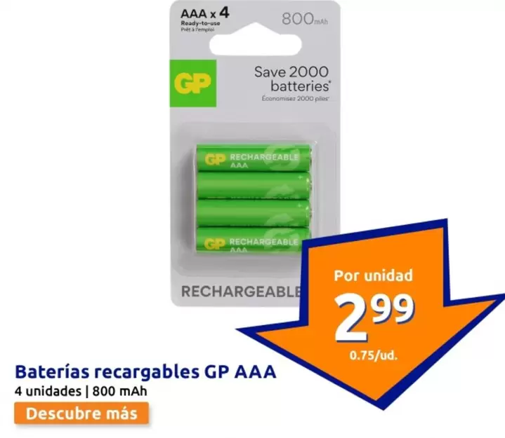 Oferta de GP - Baterias Recargables AAA por 2,99€ en Action