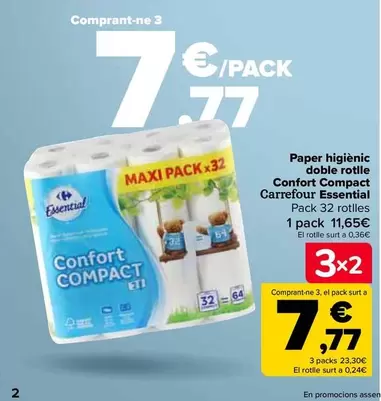 Oferta de Carrefour - Papel Higiénico Doble Rollo Confort Compact Essential en Carrefour