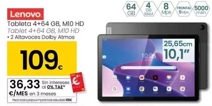 Oferta de Lenovo - Tablet 4+664 Gb, M10 HD por 109€ en Eroski