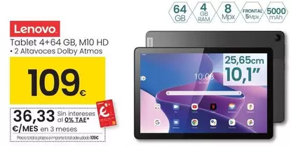 Oferta de Lenovo - Tablet 4+664 Gb, M10 HD por 109€ en Eroski