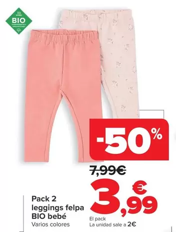 Oferta de Pack 2 Leggings Felpa BIO Bebe por 3,99€ en Carrefour