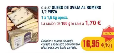 Oferta de Romero - Queso De Oveja Al Romero 1/2 Pieza por 16,95€ en Abordo