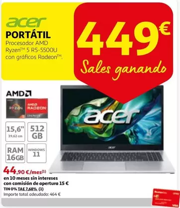 Oferta de Acer - Portatil por 449€ en Alcampo