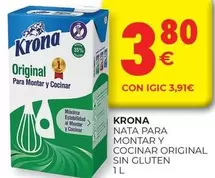 Oferta de Krona - Nata Para Montar Y Cocinar Original Sin Gluten por 3,8€ en CashDiplo