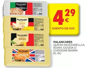 Oferta de Palancares - Queso Mozzarella, Edam, Gouda O Cheddar Barra por 4,29€ en CashDiplo