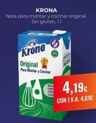 Oferta de Krona - Nata Para Montar Y Cocinar Original Sin Gluten por 4,19€ en CashDiplo