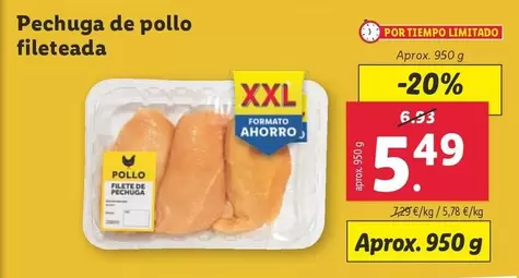 Oferta de Pechuga De Pollo Fileteada por 5,49€ en Lidl