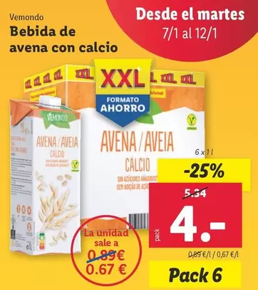 Oferta de Vemondo - Bebida De Avena Con Calcio por 4€ en Lidl