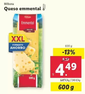 Oferta de Milbona - Queso Emmental por 4,49€ en Lidl