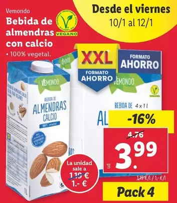 Oferta de Vemondo - Bebida De Almendras Con Calcio por 3,99€ en Lidl