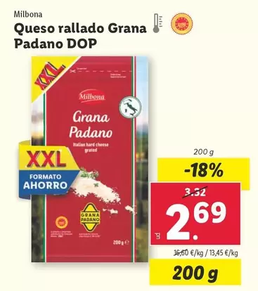 Oferta de Milbona - Queso Rallado Grana Padano DOP por 2,69€ en Lidl